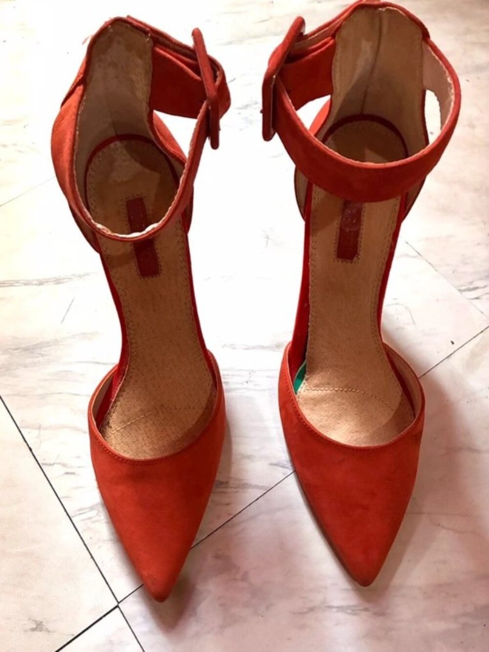 TopShop size 8 organge pointed-toe heels with wide anckle straps!